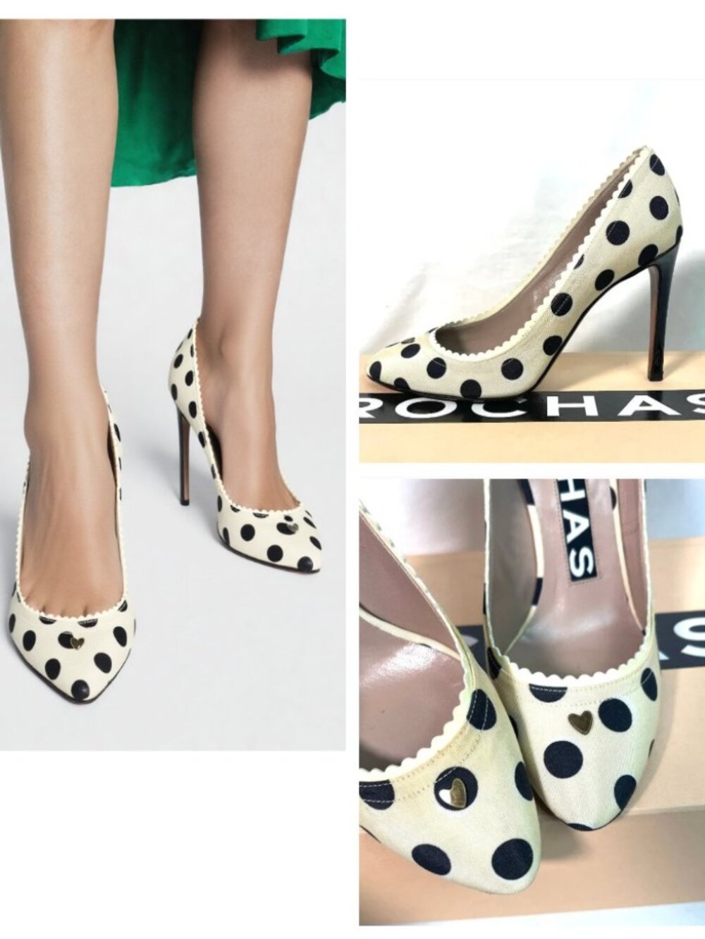 NIB Rochas twill leather polka dots heels 7 made in Italy